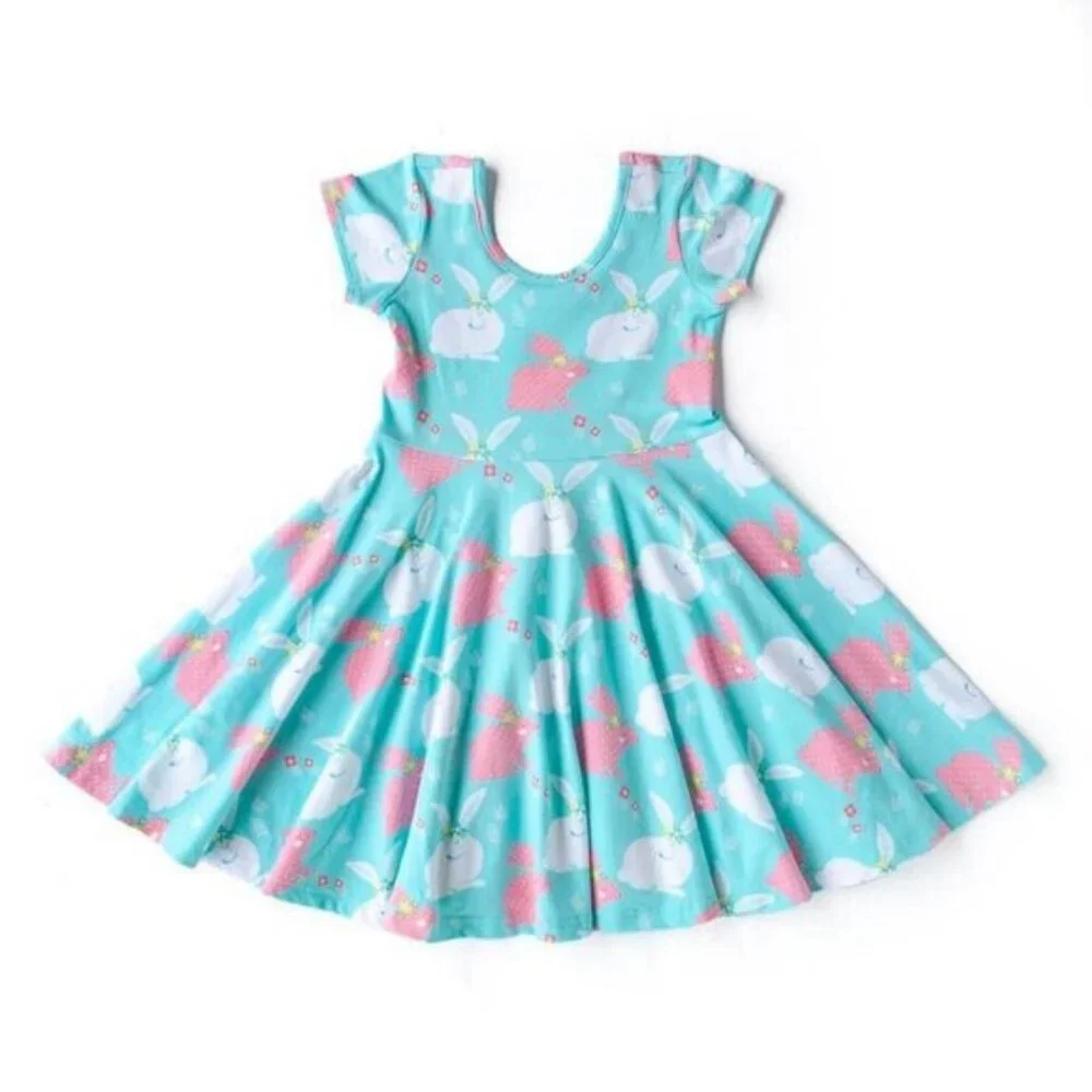 Eleanor Rose 6/7 Aqua Bunny Print Short Sleeve Easter Dress